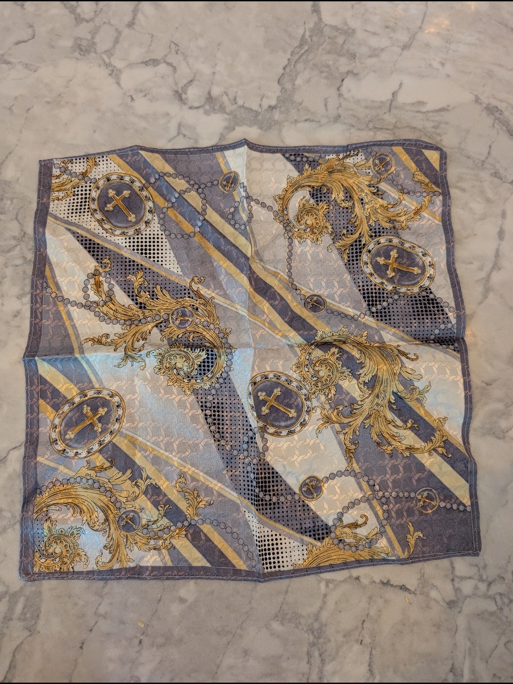 Baroque Style Square Pocket Scarf in Gray, Gold & Cream, Silk